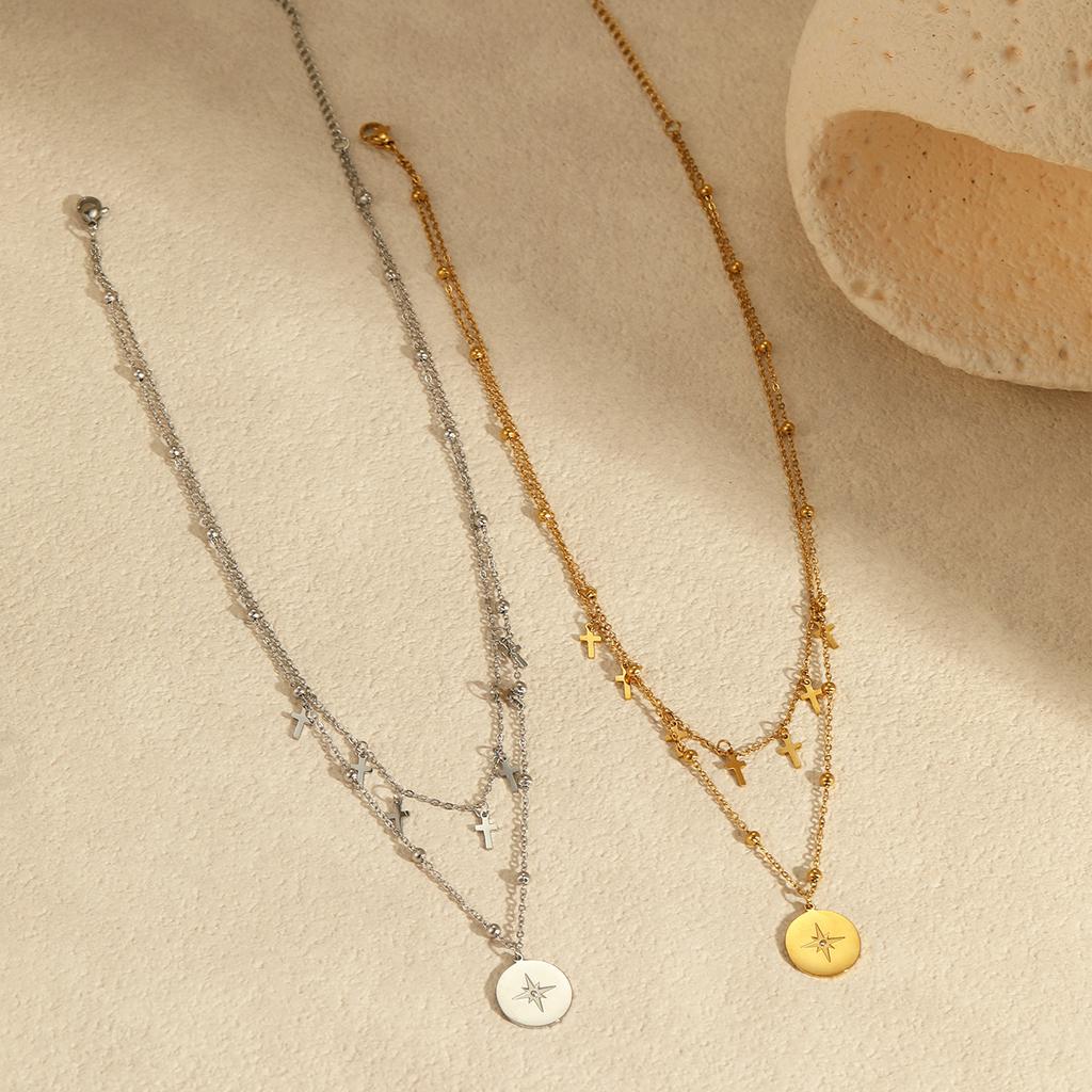 European and American Fashion Retro Double Layer Twin Titanium Steel Necklace Cross Awn Star Round Brand Stainless Steel Necklace