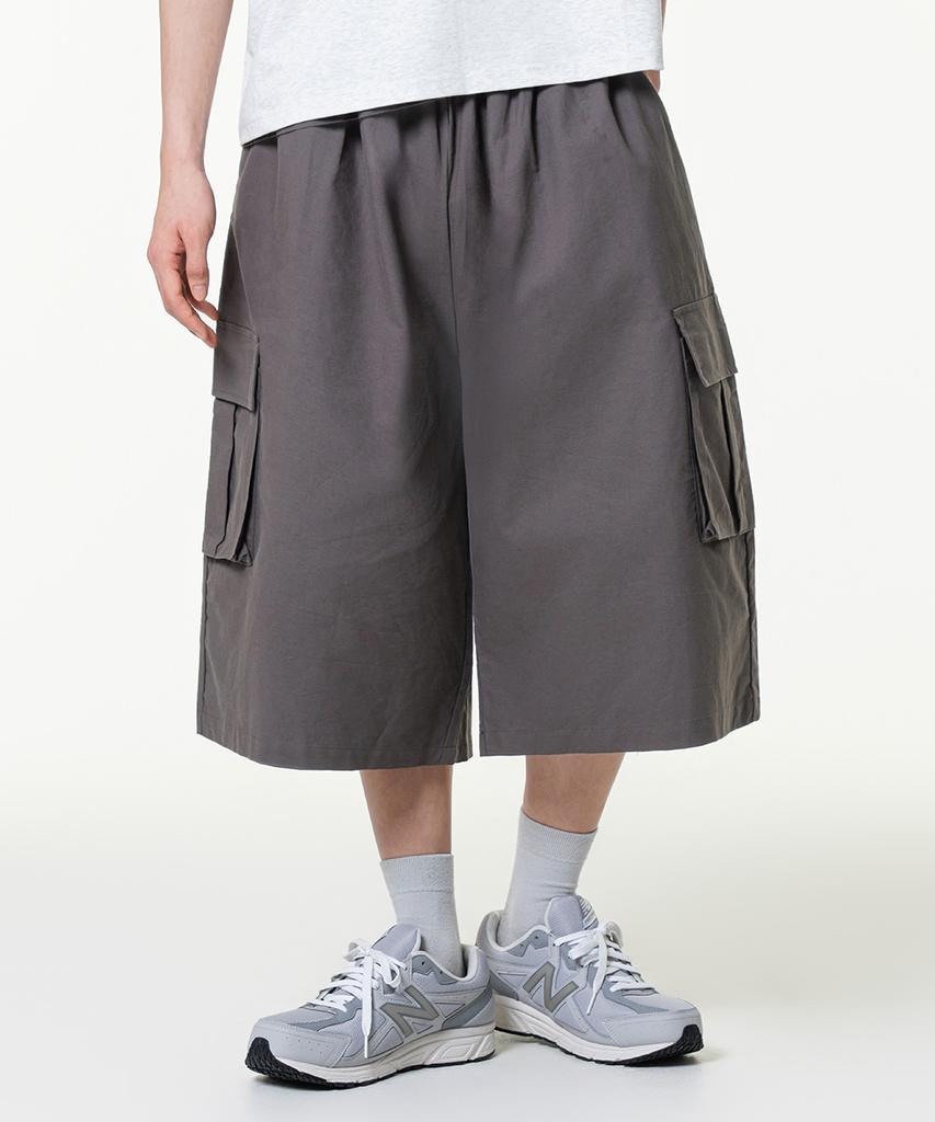 MOZMOZ Linen-Like Cargo Bermuda Wide Pants Charcoal