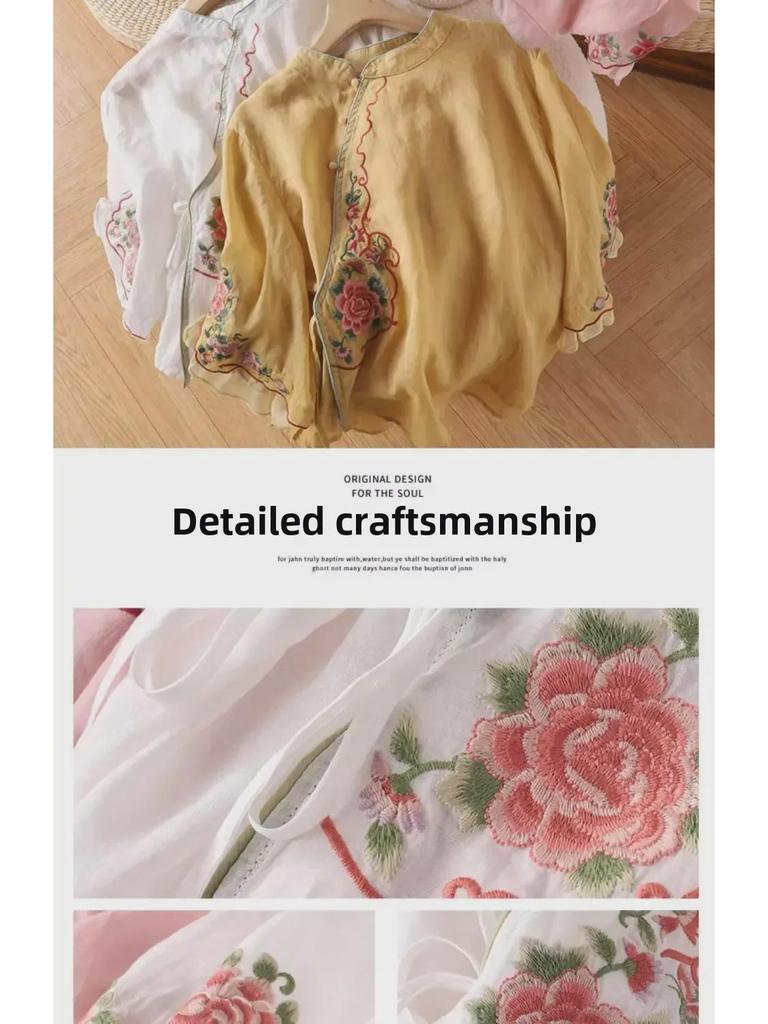 Women's Ethnic Embroidered Cotton-Linen Shirt, Oblique Collar, 3/4 Sleeves, Retro Literary Summer Tea Dress.