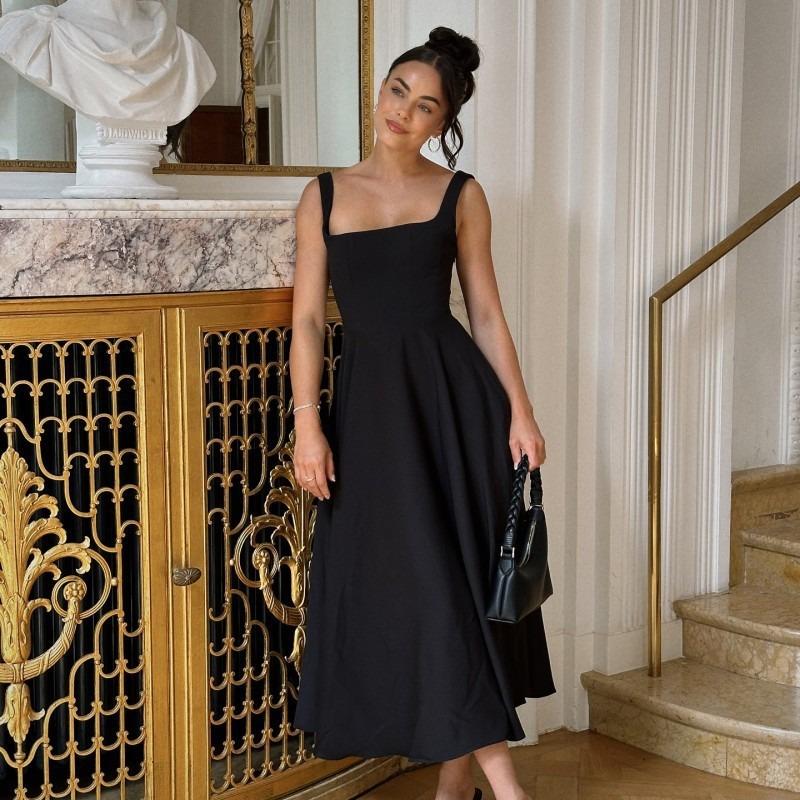 Summer New Women's Clothing Temperament Square Neck Sleeveless Waist Suspender Dress Women