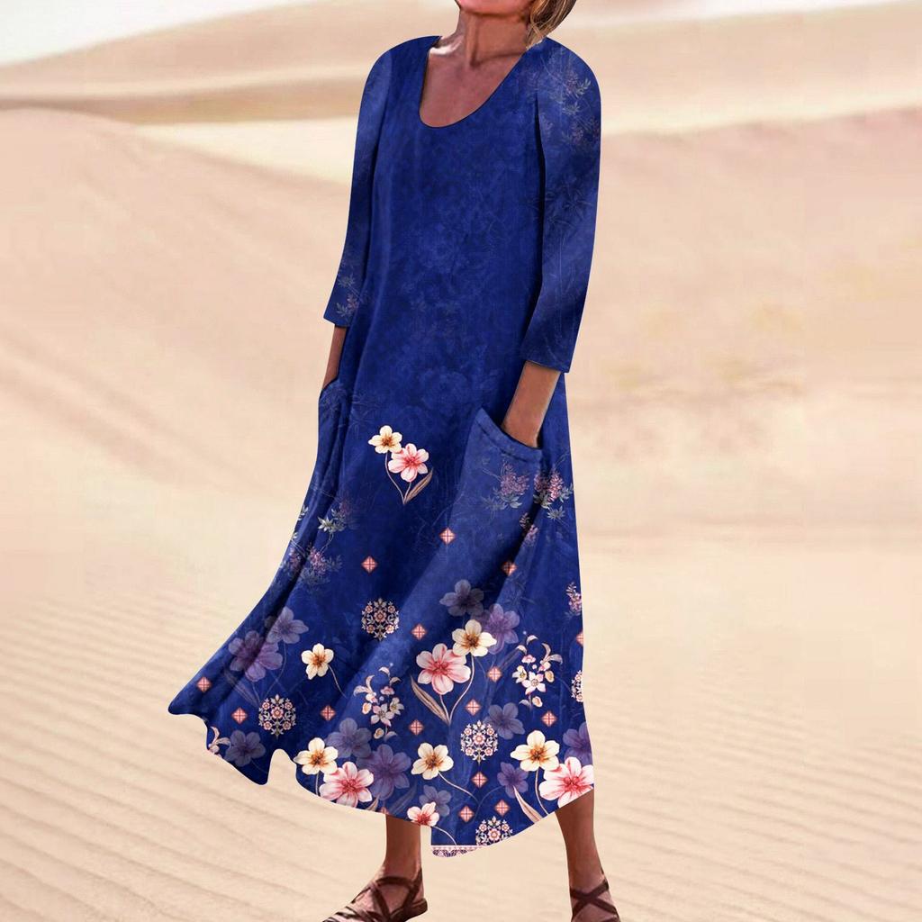 Kleid für Damen, Frühling, Boho, lässig, modisch, 3/4-Ärmel, Kleid für den Urlaub, große Größe