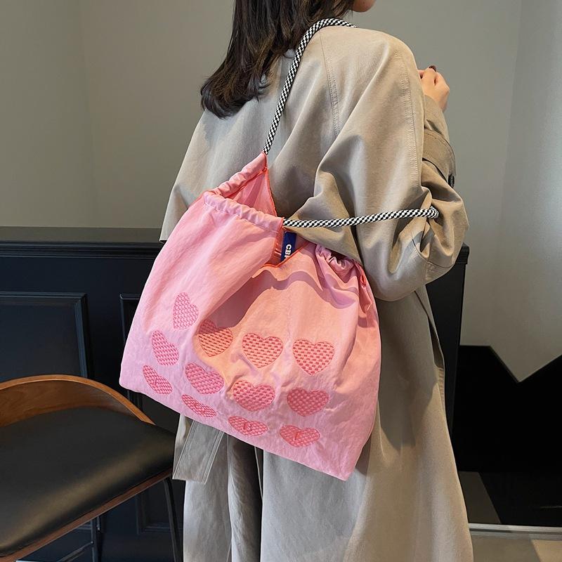 2025 New Bag Women's Shoulder Bag Love Embroidered Shopping Bag Nylon Cloth Portable Niche Shopping Bag Cloth Bag