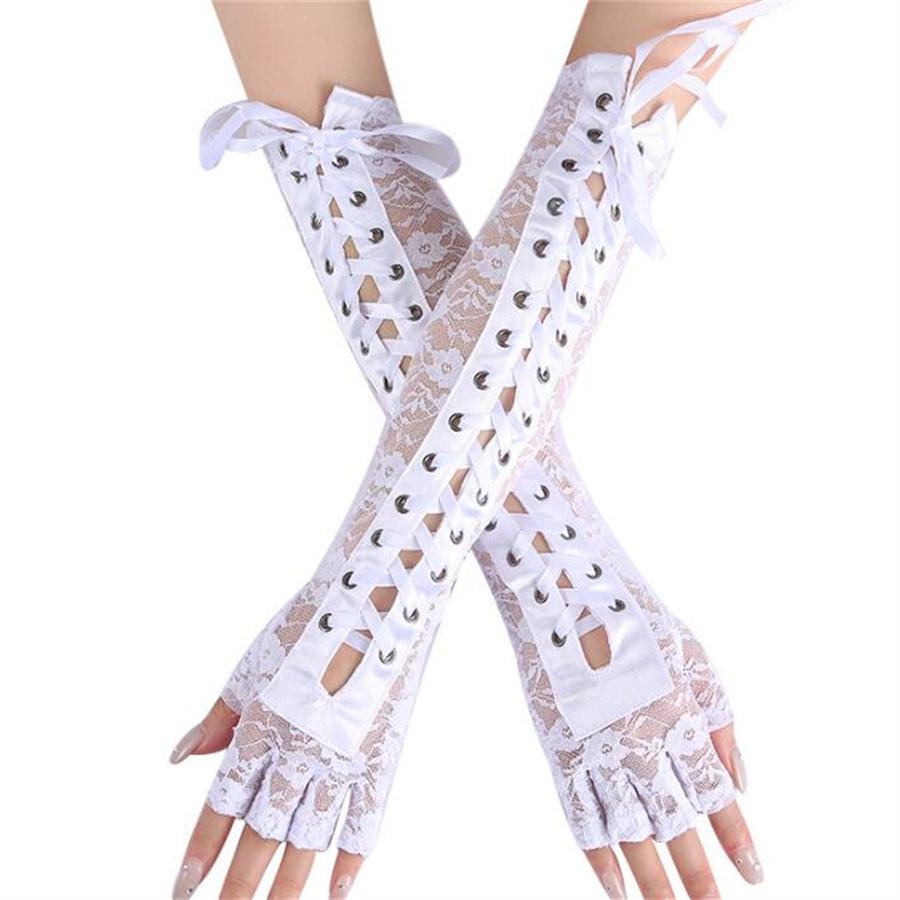 Guanti lunghi senza dita in pizzo con allacciatura a corsetto, Cosplay Gotico