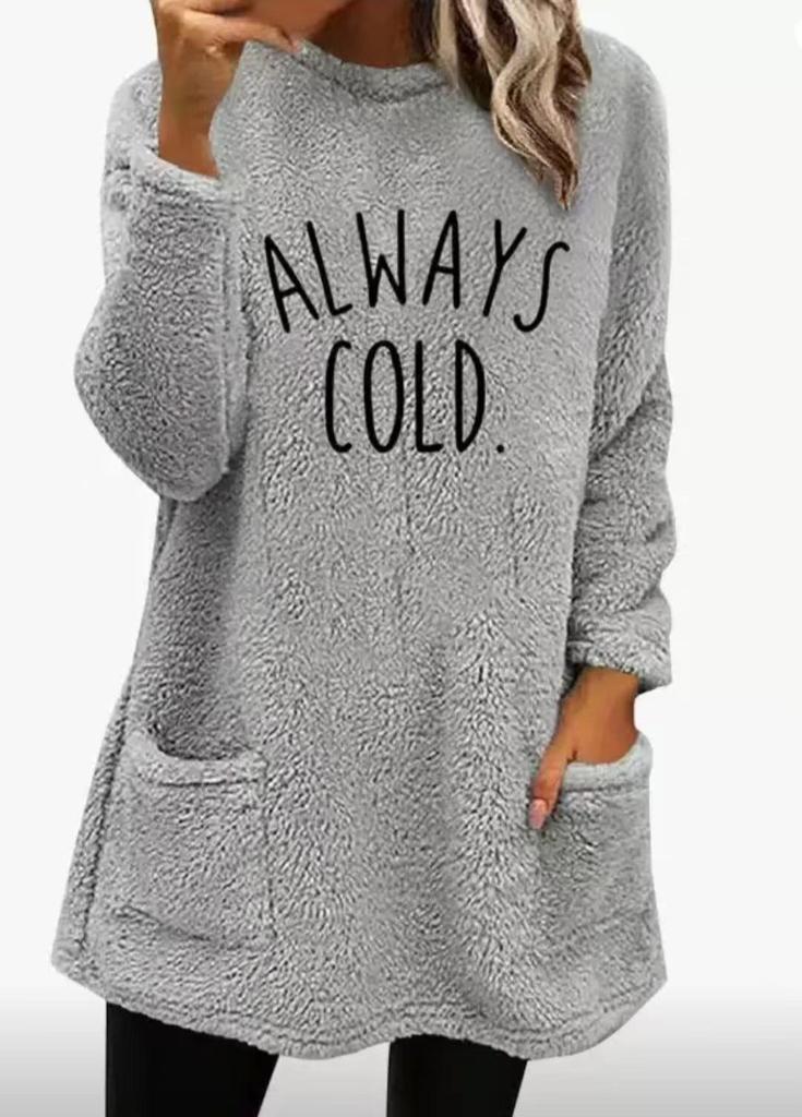 Women's European & American Style Letter Print Round Neck Loose Long Sleeve Plush Hoodie with Pockets