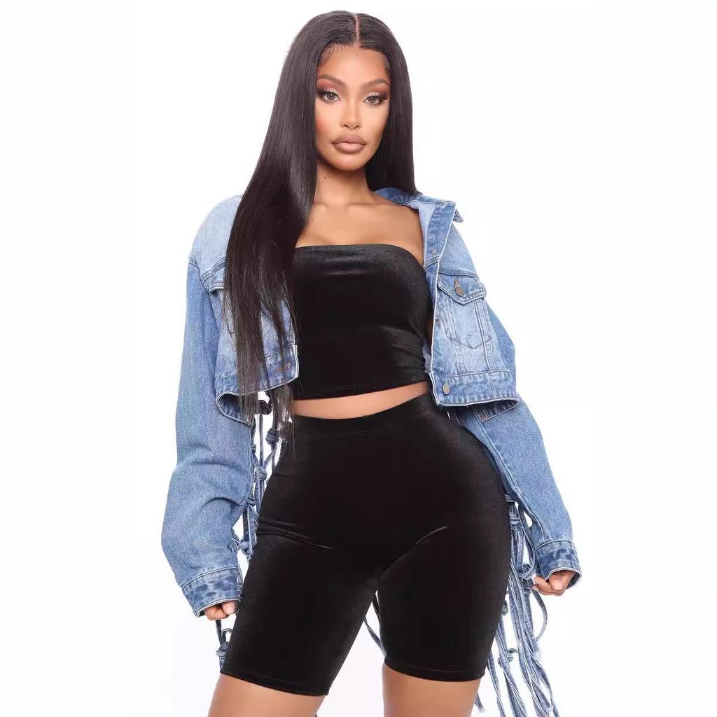 2024 Nová dámská džínová bunda se síťovinou a třásněmi