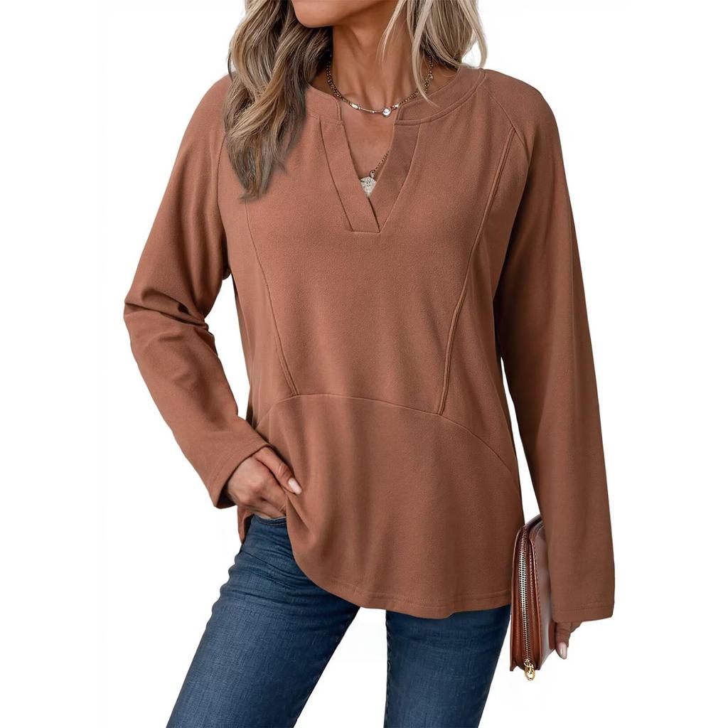 Women's Fashion Solid Colour Casual Loose-Fit V-Neck Versatile Comfortable Long-Sleeved Top