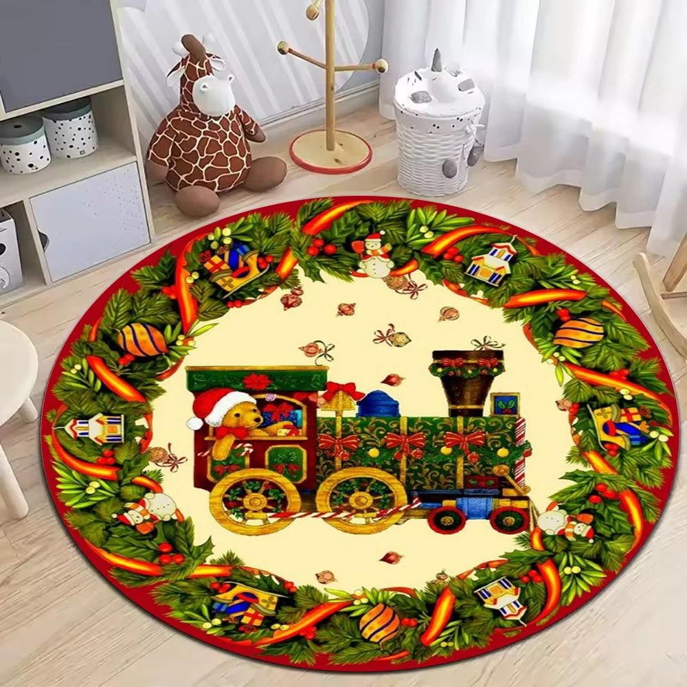 Christmas Circular Carpet Anti-Slip Living Room Floor Mat Bedroom Area Floor Pad Merry Christmas Home Decoration