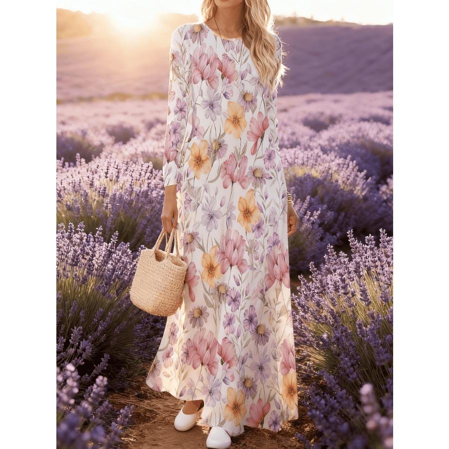 Women's Long Sleeve Round Neck Floral Print Dress Vacation Style Purple Gold Abstract Pattern A Line Midi Dress Summer Casual