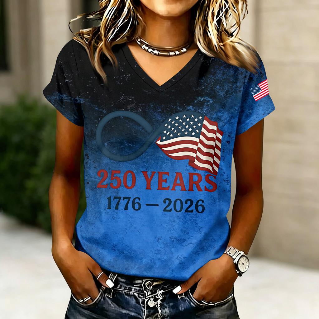 Women's Casual V Neck Short Sleeve T Shirt with Letter Print 250 Years 1776-2026 American Flag Graphic Top Summer Tee