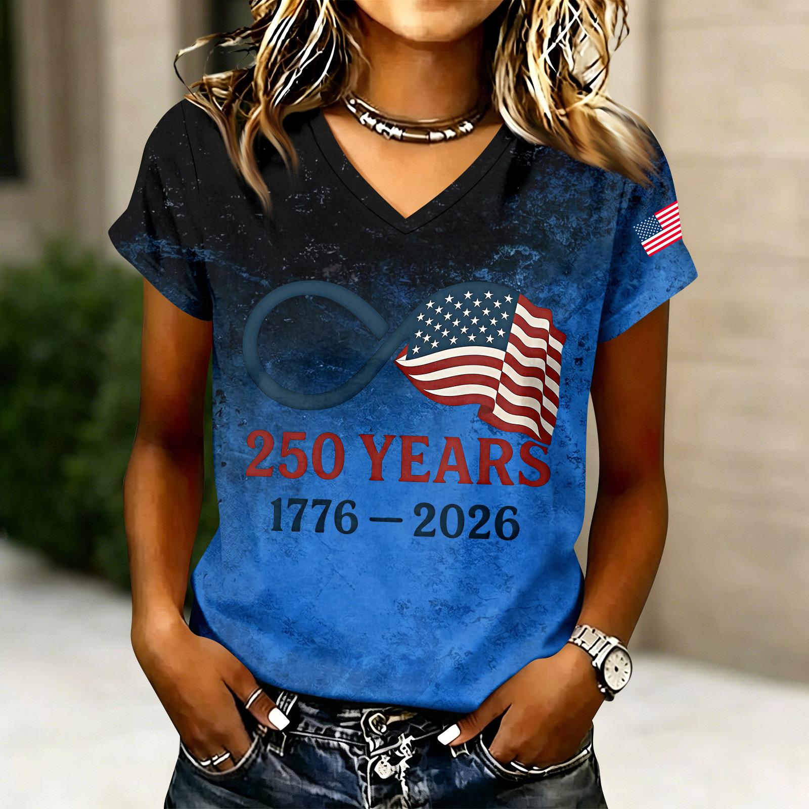 Women s Casual V Neck Short Sleeve T Shirt with Letter Print 250 Years 1776-2026 American Flag Graphic Top Summer Tee XXL синий