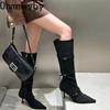 Vintage Suede Women Knee High Boots Fashion Pointed Toe Shoes Autumn Winter Thin Heel Ladies Short Plush Long Booties