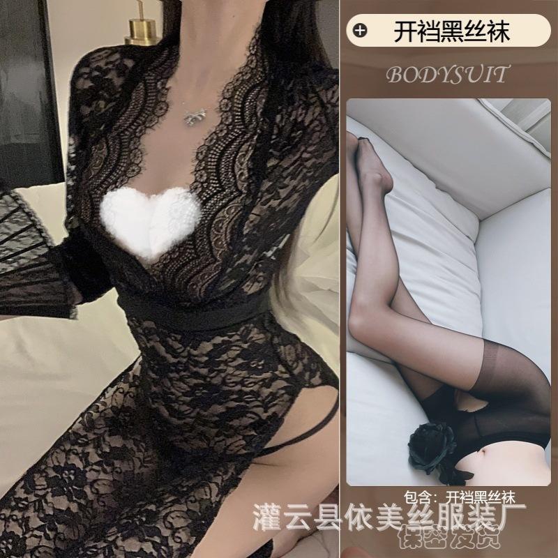Sexy Sexy Female Lace Seduction Passion Perspective Suit Hot Side Split Hollow Uniform