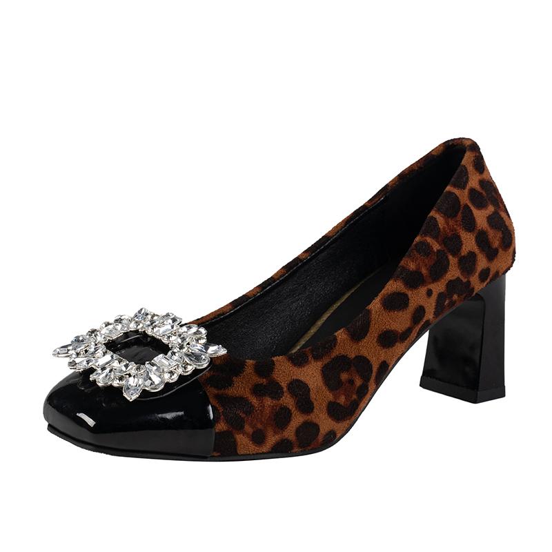 Fashion Single Shoes New Women's Four Seasons Square Toe Light Suede Rhinestone Color-block Block Heel All-match High Heels