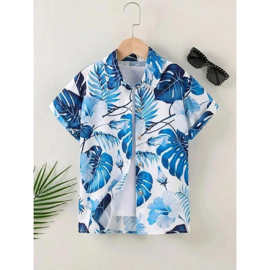Hawaiian Beach Men's Short Sleeve Shirt with Plant Print Pattern Boy's Short Sleeve Lapel Casual