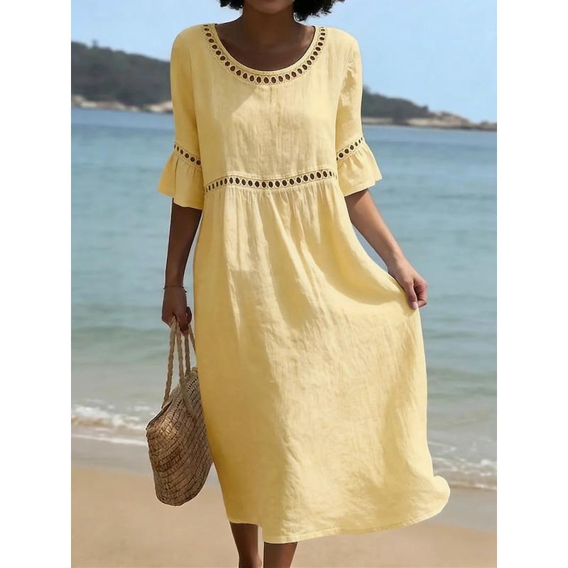 Spring/Summer New Style Elegant Casual Round-neck Long-sleeved Solid Color Women's Dress
