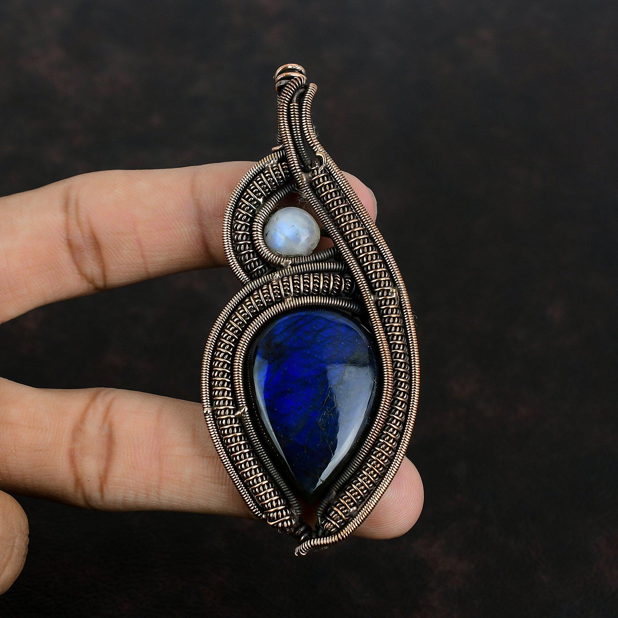 

Кулон из лабрадорита и меди, кулон, обмотанный медной проволокой, украшения из драгоценных камней, кулон из радужного лунного камня, украшения из медной проволоки ручной работы, подарки для него