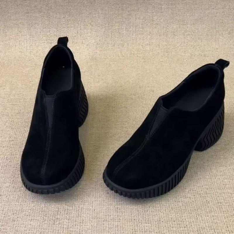 Bull Suede Block Heel Single Shoes Fashion Round Toe Deep Mouth Platform Soft Sole Low Top Shoes