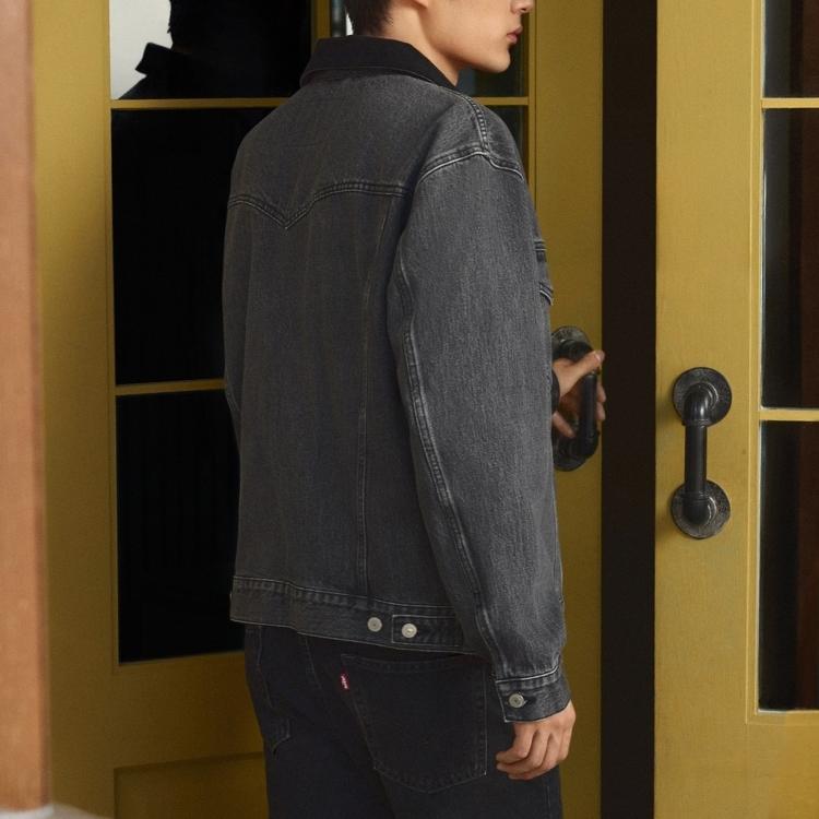 Levis Vintage Solid Color Lapel Zipper Loose Long Sleeve Denim Jacket Men jackets Gray 002I4-0000