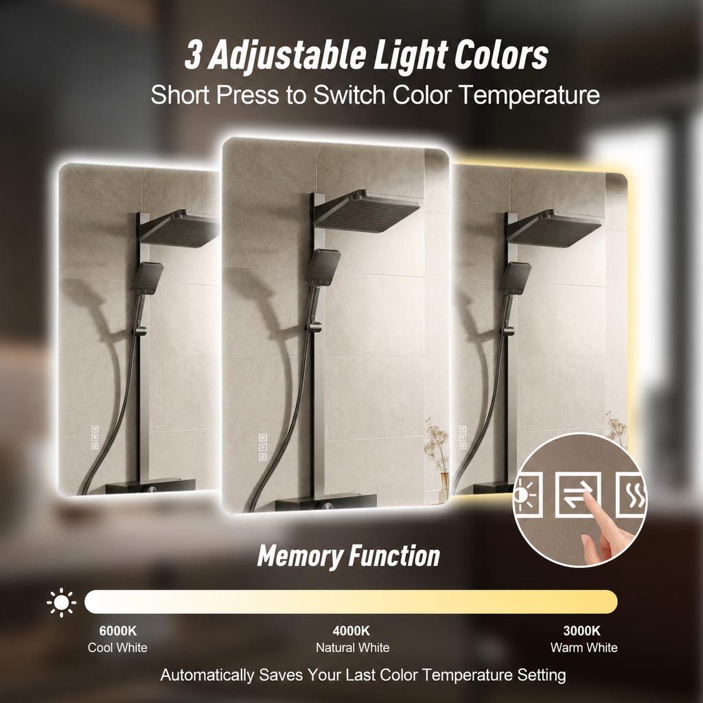 60*100cm LED Bathroom Mirror, Corrosion-resistant, Three-color Dimmable, Backlit Mirror with One-touch Demist Function