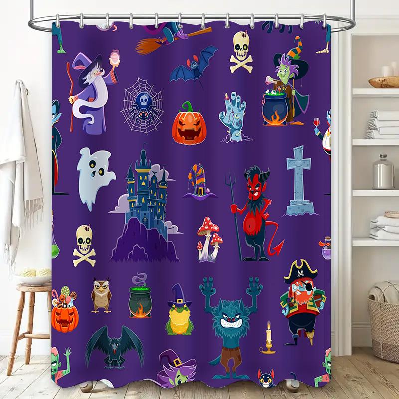 Spooky Halloween Shower Curtain Fun Frightening Design with Skulls, Ghosts Witches for Bathroom Decor (Purple)