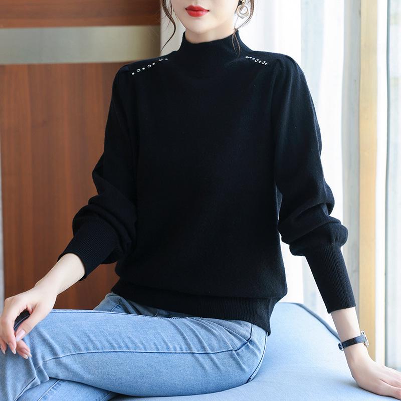 Women's Pure Wool Sweater with Half-High Collar & Lantern Sleeves - Warm, Fashionable Knitwear Pullover