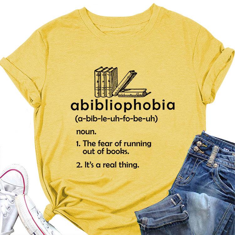 Summer new round neck casual Tshirt abibliophobia book print loose short sleeve top Womens allmatch fashion pullover
