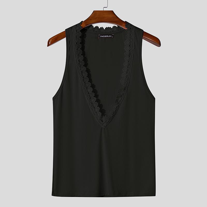 

INCERUN Summer Men Deep V Neck Sleeveless Lace Hem Casual Fitted Tank Tops S чёрный