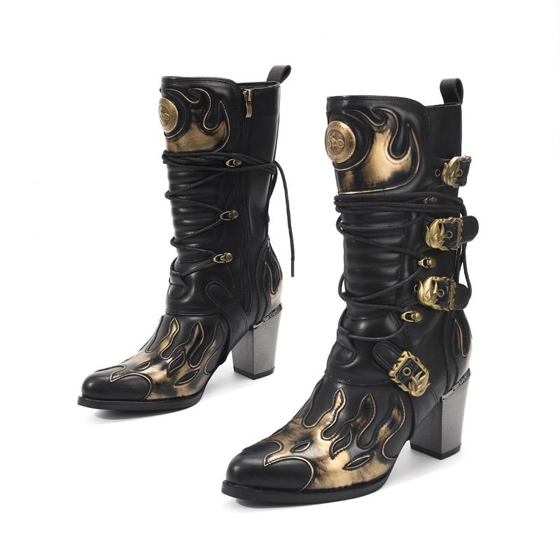 Women's High Heels Boots Fashion Retro Thick Heel Western Denim Women Boots Cool Rivet Pointed Tip Knight Boots Botas Para Mujer