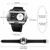 Men's Square Dual Time Watch with Leather Strap: Quartz Analog, Large Dial, Calendar, Business Use.