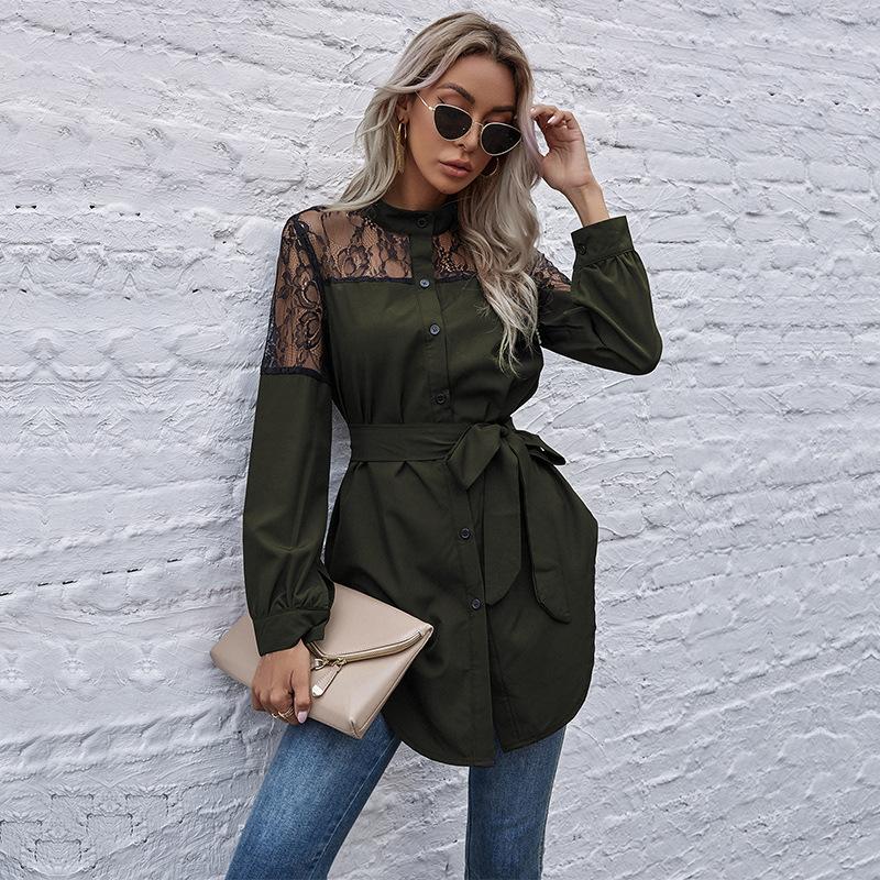 YYFS Dámská móda Ležérní jednobarevné blůzy a košile s krajkovým dlouhým rukávem a výstřihem do O