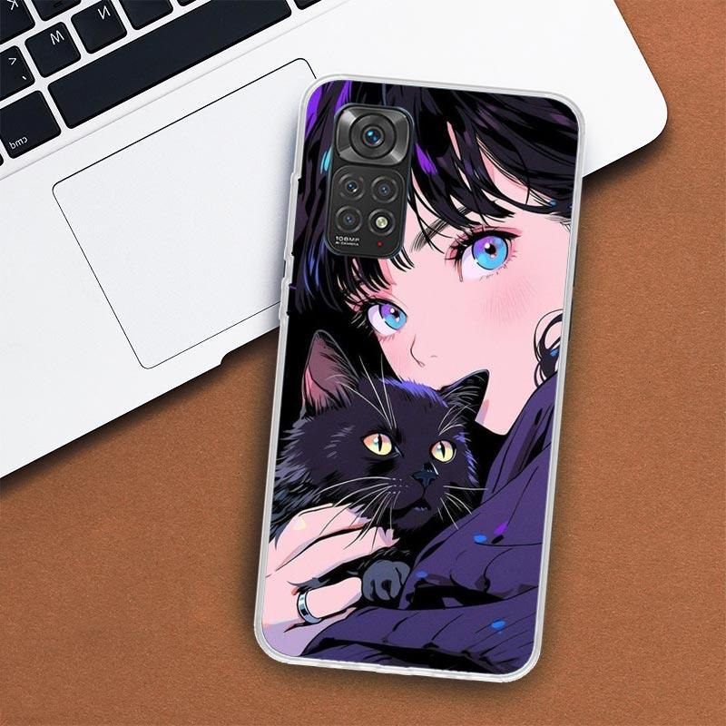 Anime Girls Cute Black Cat Phone Case For Xiaomi Redmi Note 12 12S 11 11S 10 10S 9 9S 11T 11E Pro Plus 8 8T 7 5 9T + Coque Cover
