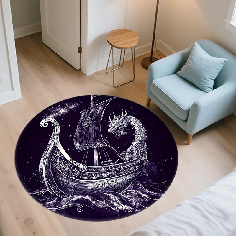 Viking Ship,Round Area Rug,Carpet Rug for Living Room Bedroom Sofa Playroom Decor,Non-slip Floor Mat