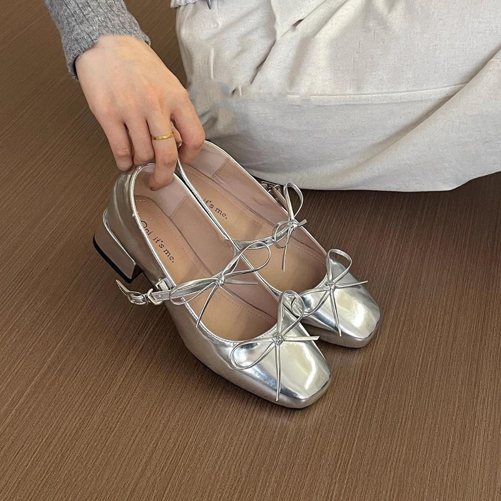 Modische flache Schuhe für Damen 2025 Frühling Sommer Neu Flacher Ausschnitt Gerader Schnallenriemen Pumps Grob Absatz Schleife Mary Jane Schuh Damen