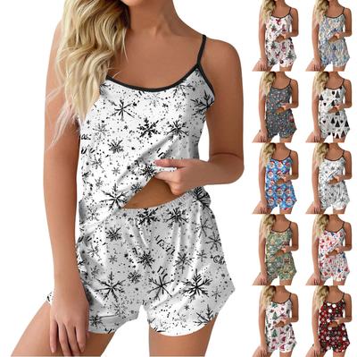 Damen Modisches, lässiges Pyjama-Set mit ärmellosem Oberteil und Shorts mit Weihnachtsmuster