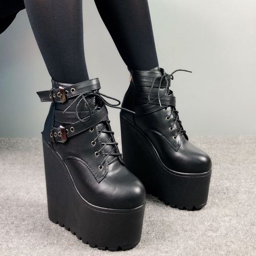 Fashion 16CM Wholesale Autumn Ankle Boots For Women Motorcycle Boots Chunky Heels Casual Lacing Round Toe Platform Boots Shoes Female