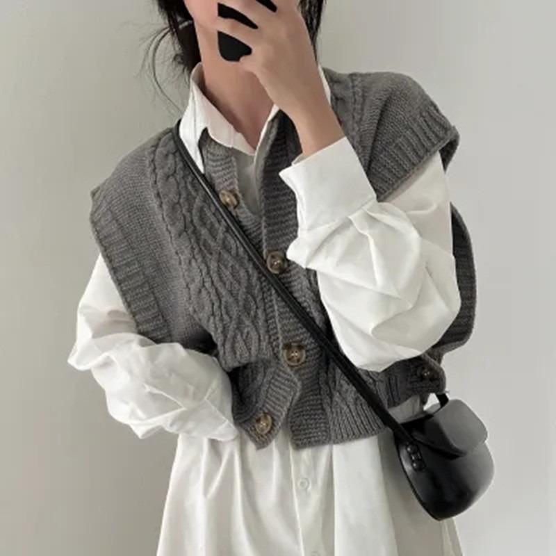 Autumn Winter O Neck Women Twist Sleeveless Cardigan Sweater Vest Korean Style Knitted Casual Short Tank Tops Fashion Elegant Clothing