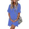 Women's Fashionable Lined Dress With Buttons, Mid Length Short Sleeved Loose Solid Color Dress