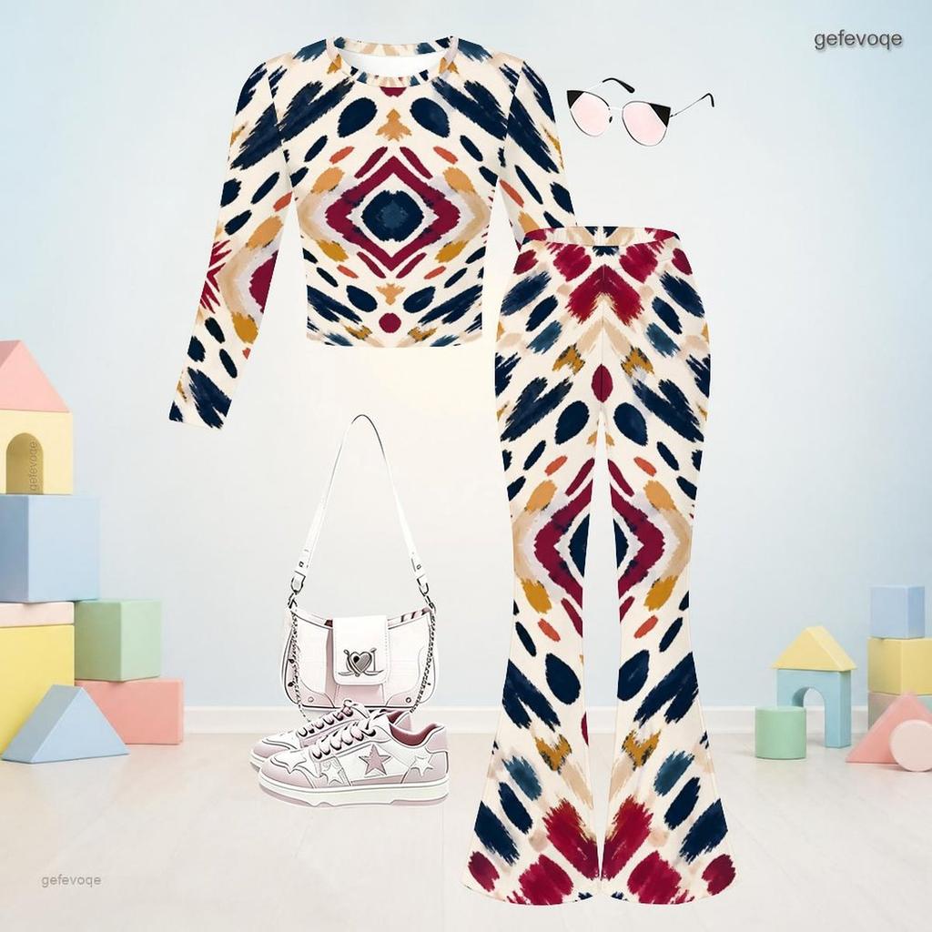 Girls Round Neck Long Sleeve Printed Top Flared Pants Two Piece Set