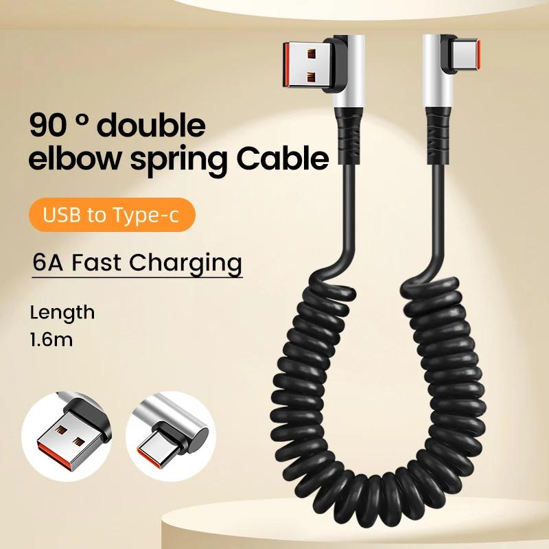90 Elbow Spring Retractable 0.35-1.6M 6A Fast Charging USB C Cable USB-C to USB-C PD 3.0 for iPhone 15 Pro/Android/Samsung