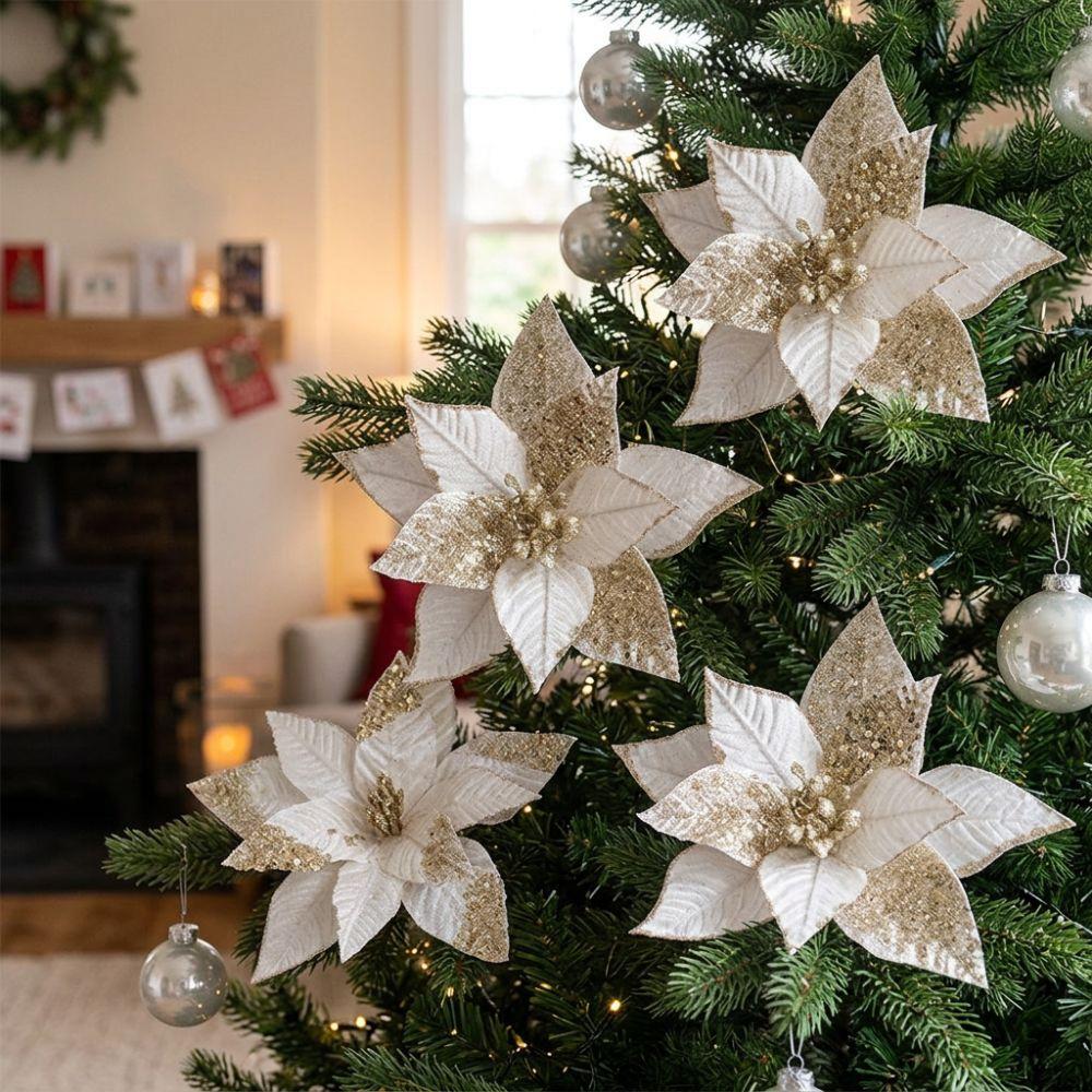Velvet Fabric Artificial Poinsettia Flower Sequins Christmas Tree Magnolia New Year Gift