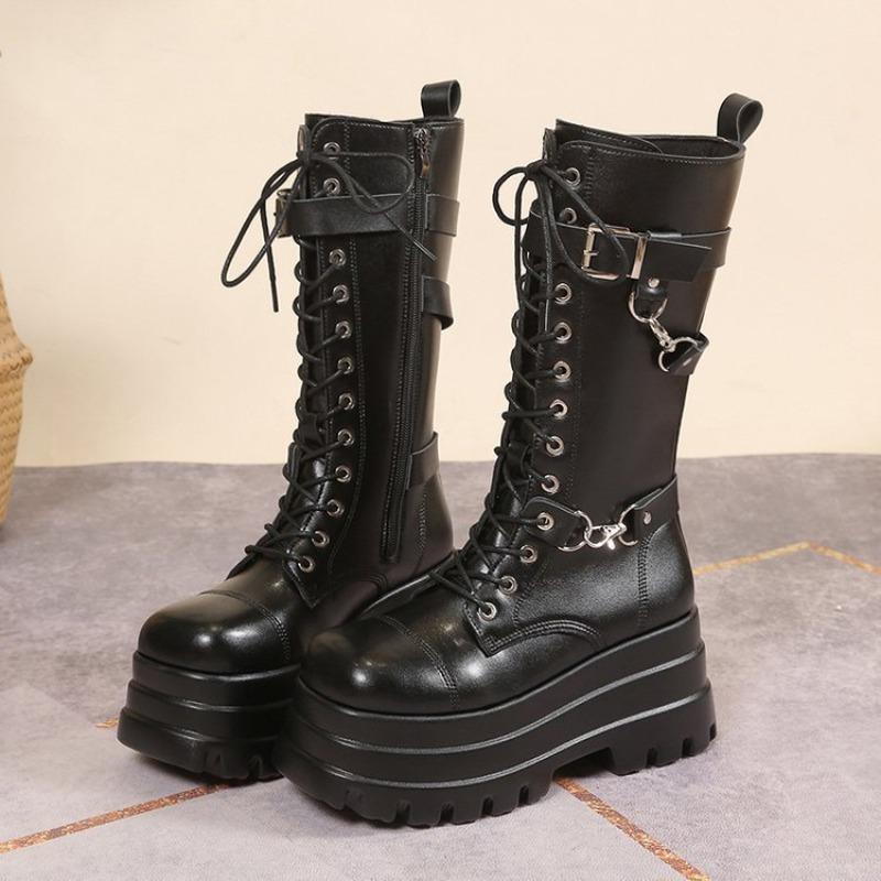 Plus Size 42 Women's Boots Belt Buckle Round Toe Platform Wedges Black Punk Super High Heel Women Shoes Lace Up Motorcycle Boots