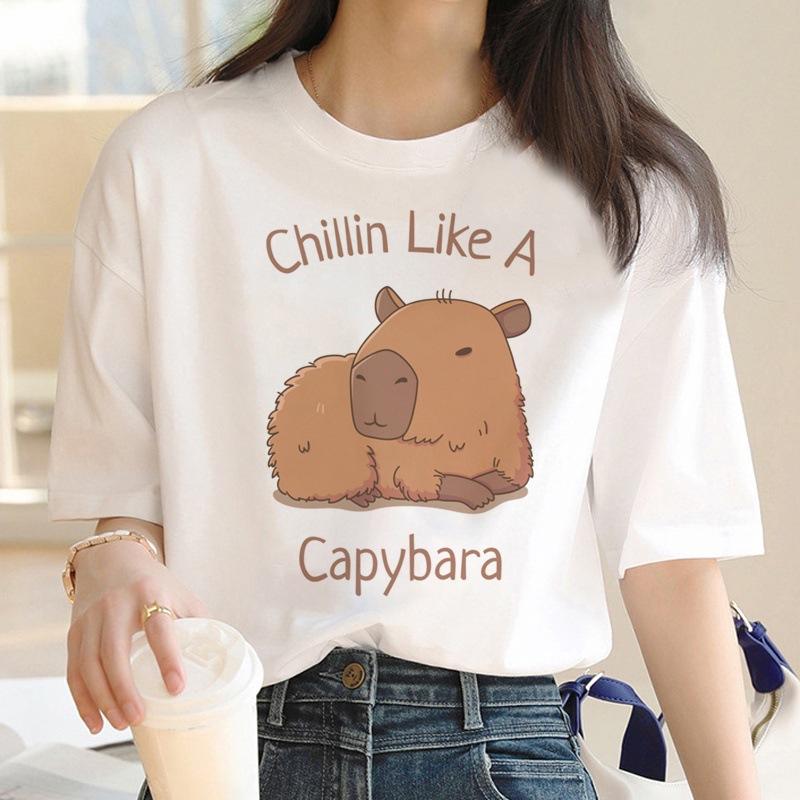 Funny printed capybara women T-shirt fashion casual t-shirt y2k large round neck S