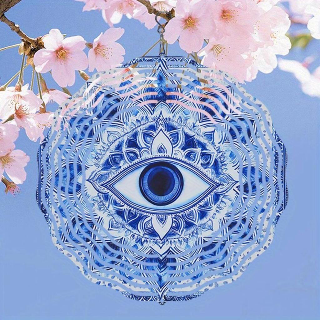 Solarbetriebenes 2D Mandala Windspiel - Metallisch Blau & Weißes Böses Auge Design, Wetterfeste Outdoor Gartendekoration für Veranda