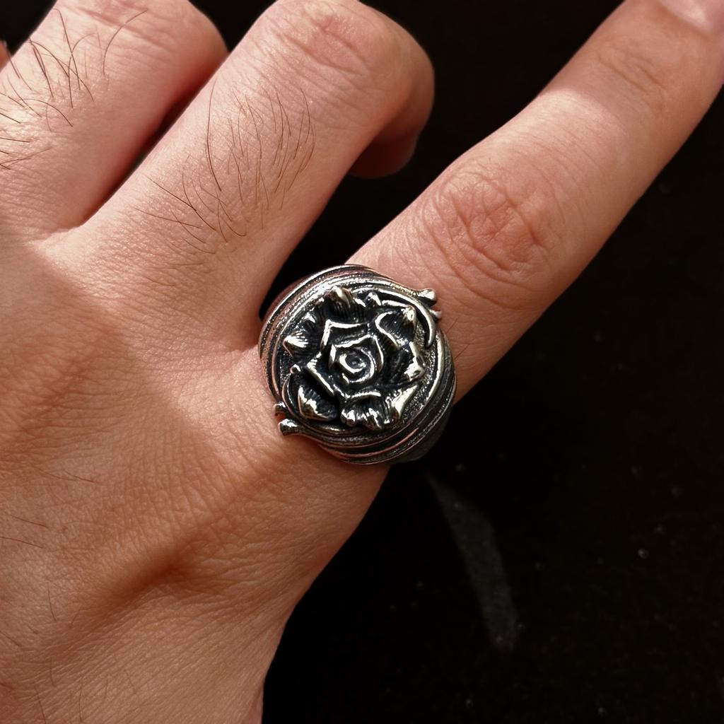 Retro Dark Rose Adjustable Open Ring For Men Silver-plated Copper Gothic Punk Edgy  Vintage Floral Accessories Cool Gift