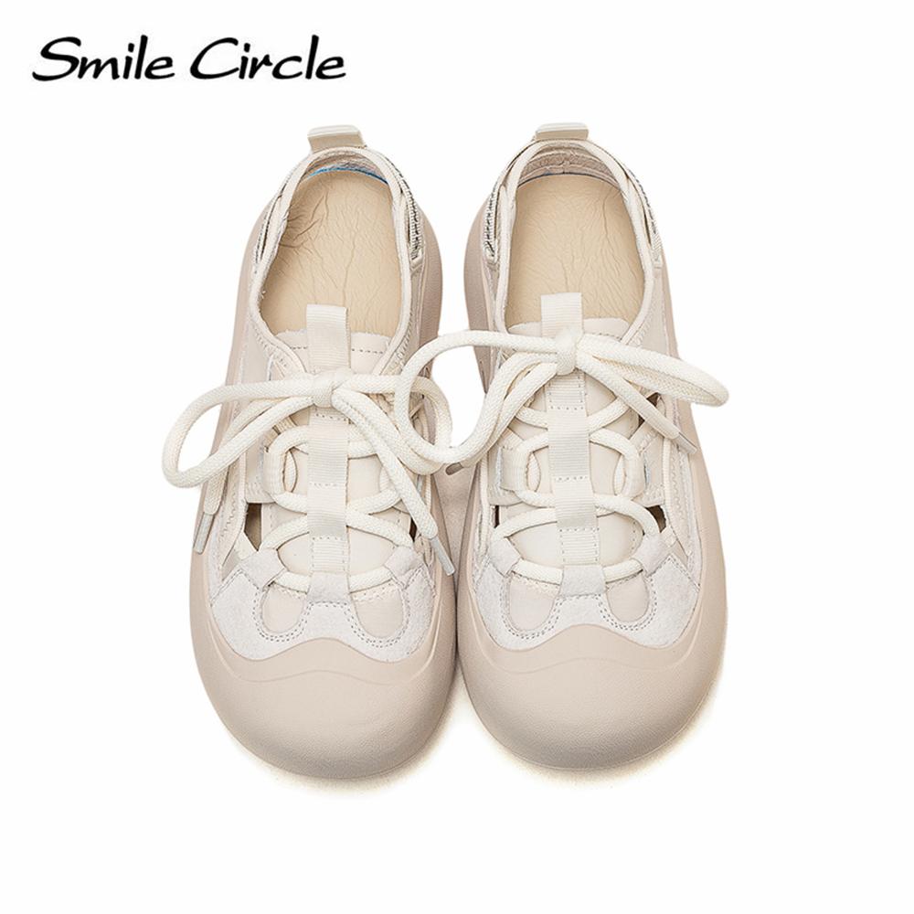 Echtes Leder, klobige, flache Schuhe, runde Zehen, Schnürschuhe, weiche Unterseite, Low-Top-Retro-Freizeitschuhe