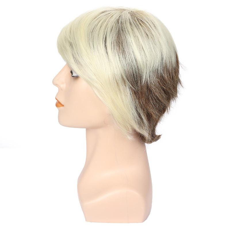 Synthetic Ombre Blonde To Brown Layered Wig with Bangs for Men Short Straight Hair Heat Resistant Natural Daily Party Man Wig