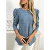 Women Solid Crew Neck Puff Sleeve Long Sleeve Brushed Striped T Shirt Top