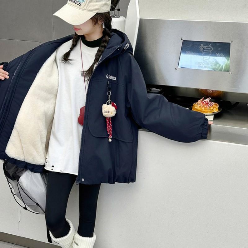 Girls Winter Hooded Puffer Coat Thick Fleece Lined Cargo Style Kids Casual Outerwear Size 120-170cm Navy Pink
