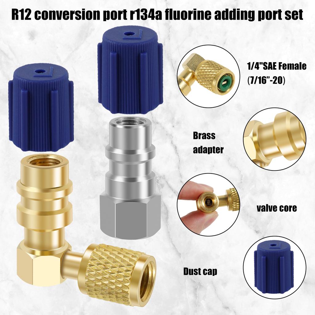 R12 To R134A Conversion Kit AC Fitting Port Retrofit Conversion Adapter 90° High/Low Side Retrofit Adapter Valve Core Remover