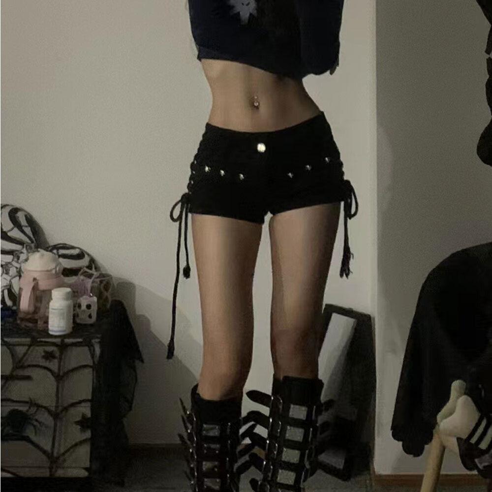 Bandage Denim Shorts Women American Retro Harajuku Streetwear Punk Gothic Student Shorts Spring Summer